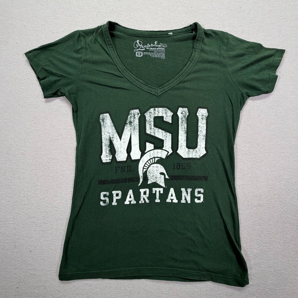 Pressbox T-Shirt Womens Medium Good Green MSU Spartans V-Neck Graphic Tee